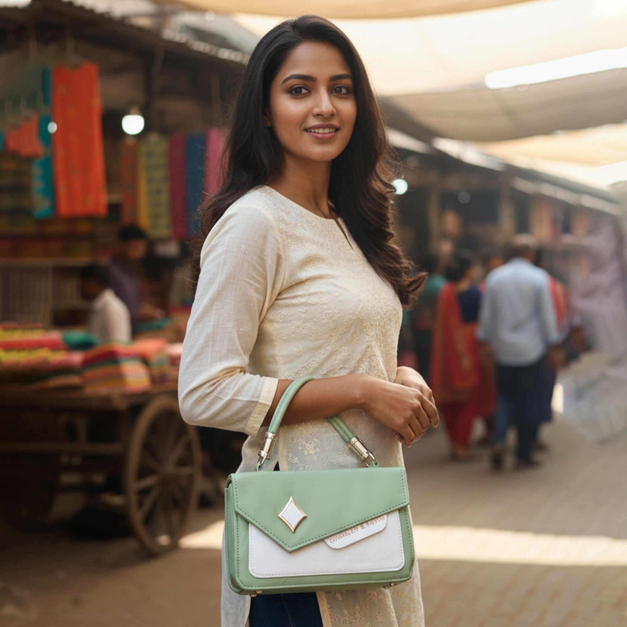 Mint Green & White Designer Style Mini Handbag for Women