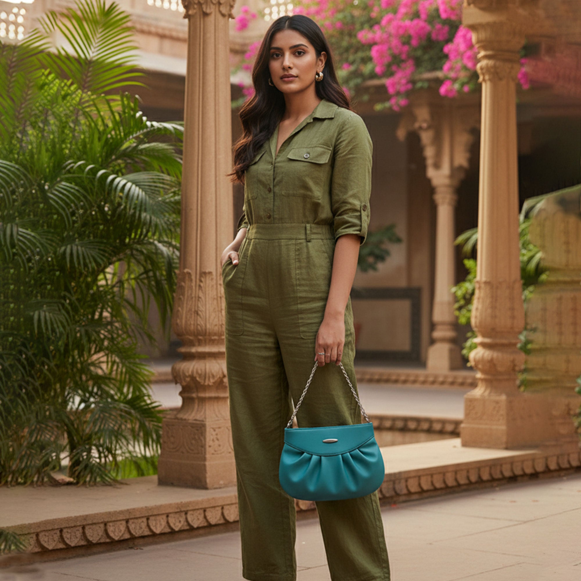 Trendy Teal Chain Shoulder Handbag for Women