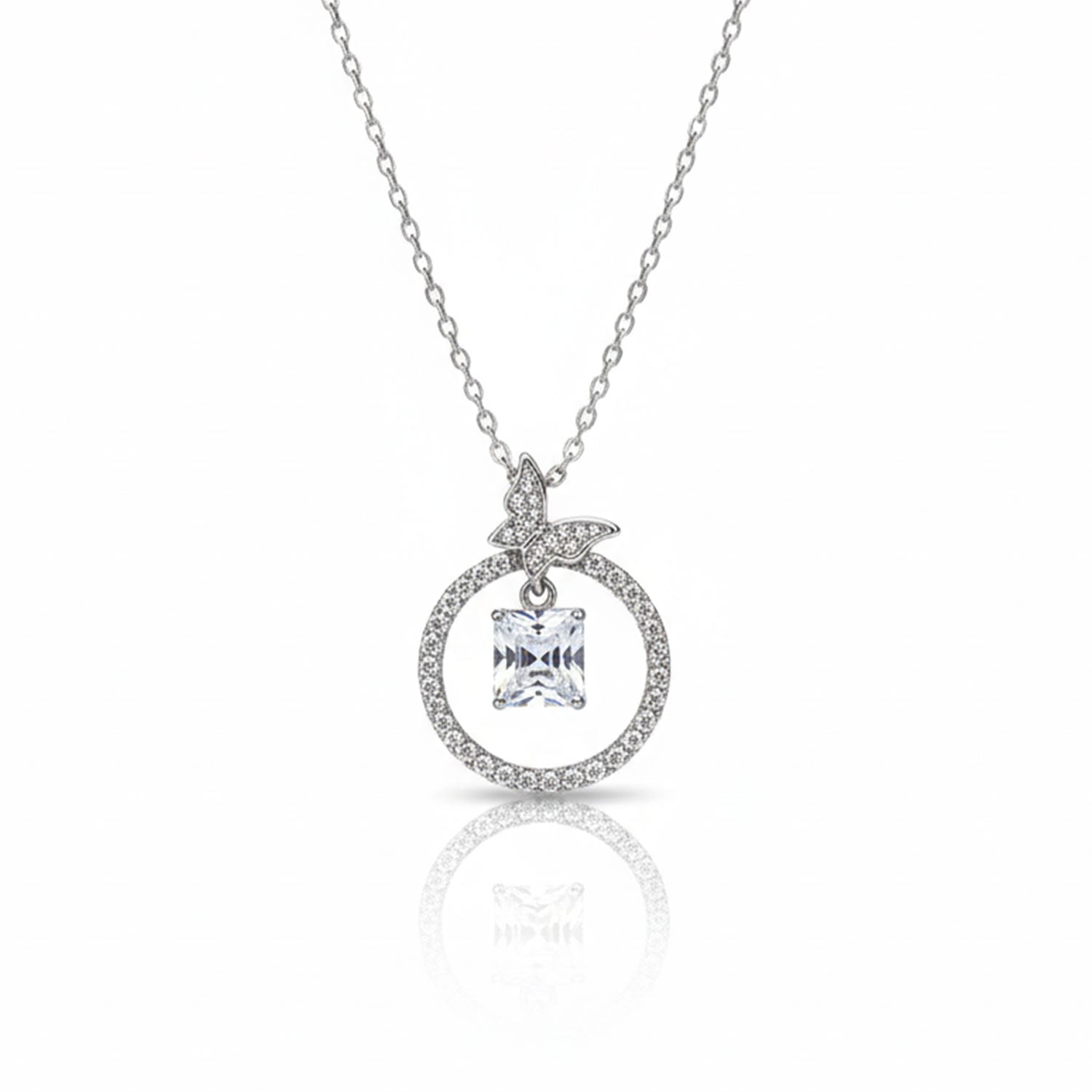 Silver Butterfly Halo Pendant Necklace