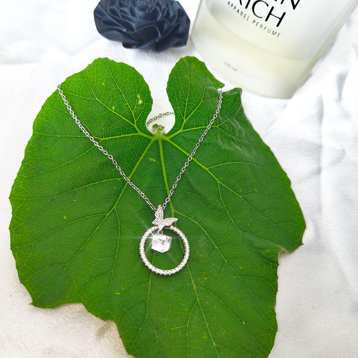 Silver Butterfly Halo Pendant Necklace